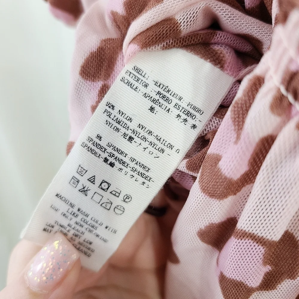 Free People Megs Blouse cheetah print Blush Pink mesh bubble hem size small